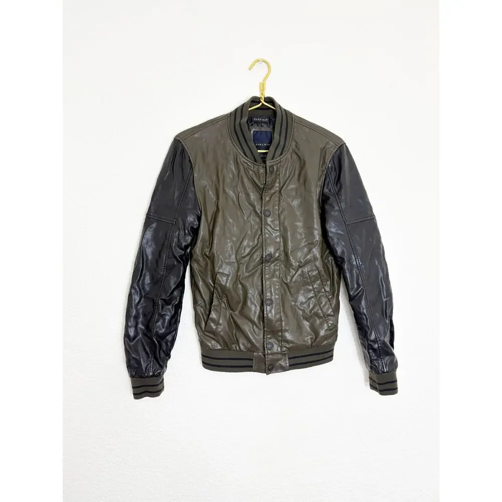 Zara Mens Vegan Leather Bomber Jacket Size Small Black Olive Green Quiet Luxury